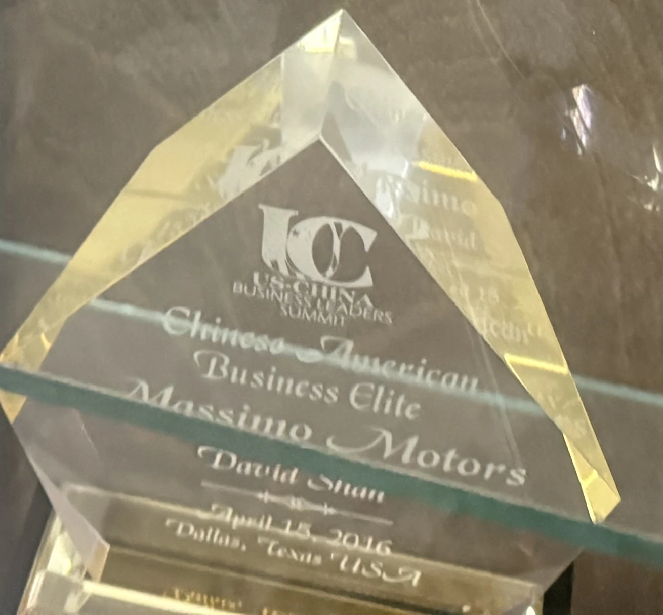 Photographed Chinese American Business Elite award for Massimo Motors and David Shan