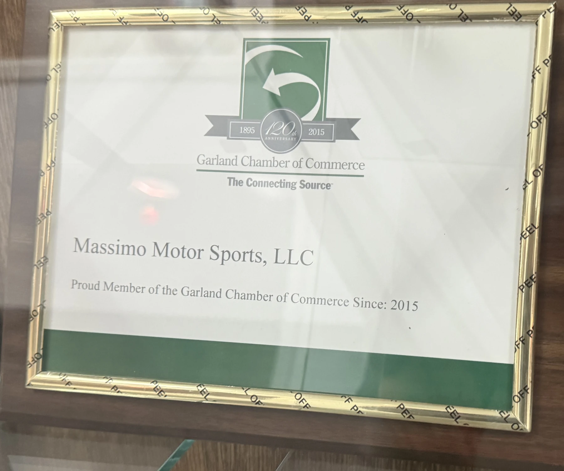 Garland Chamber of Commerce membership certificate for Massimo Motor Sports