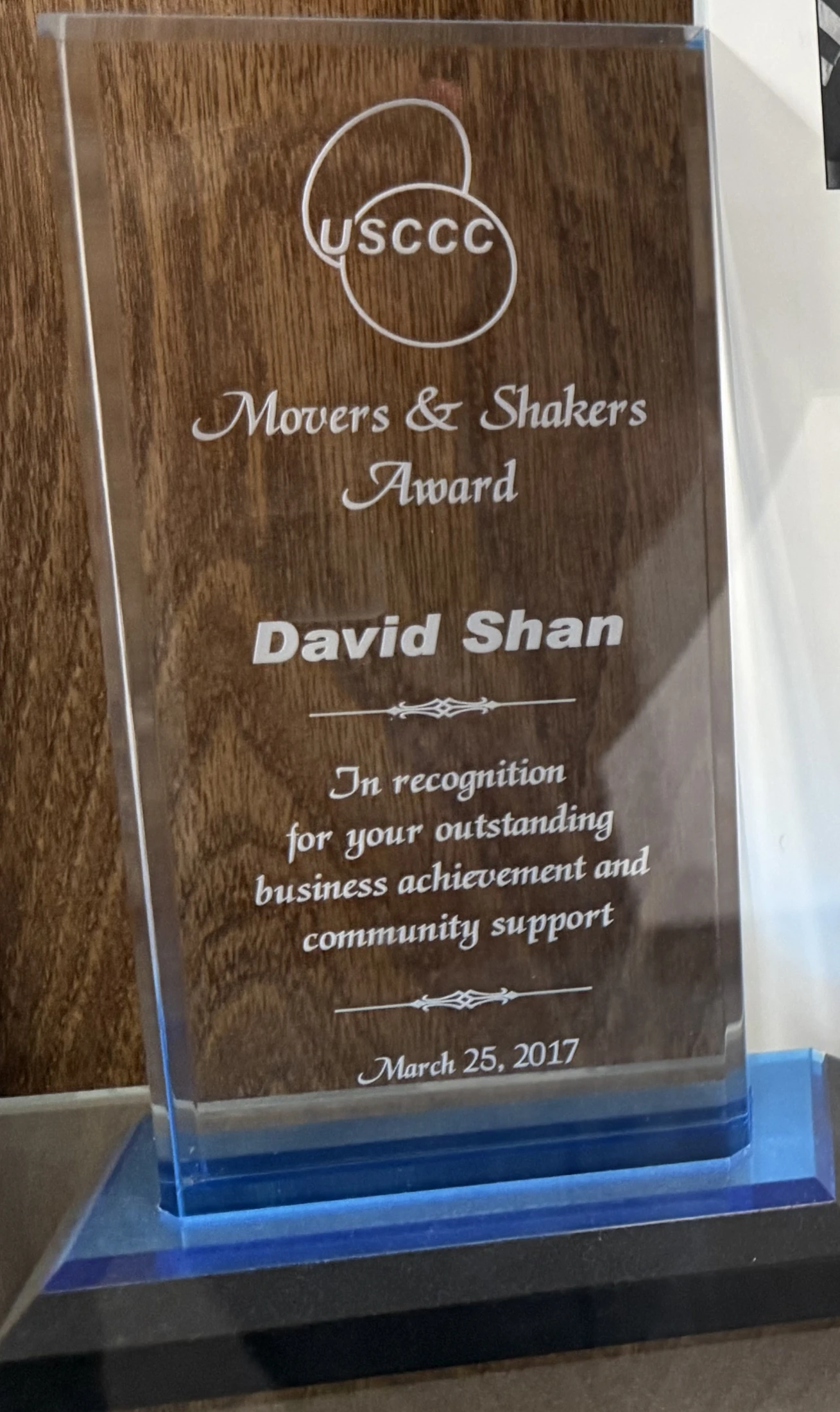 Movers and Shakers award presented to David Shan in March 2017